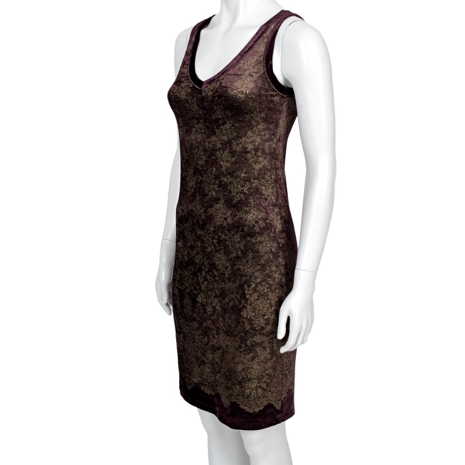 Nwt Jean Paul Gaultier Gold Lace Embossed Black Velvet V Neck Midi Shift Dress M
